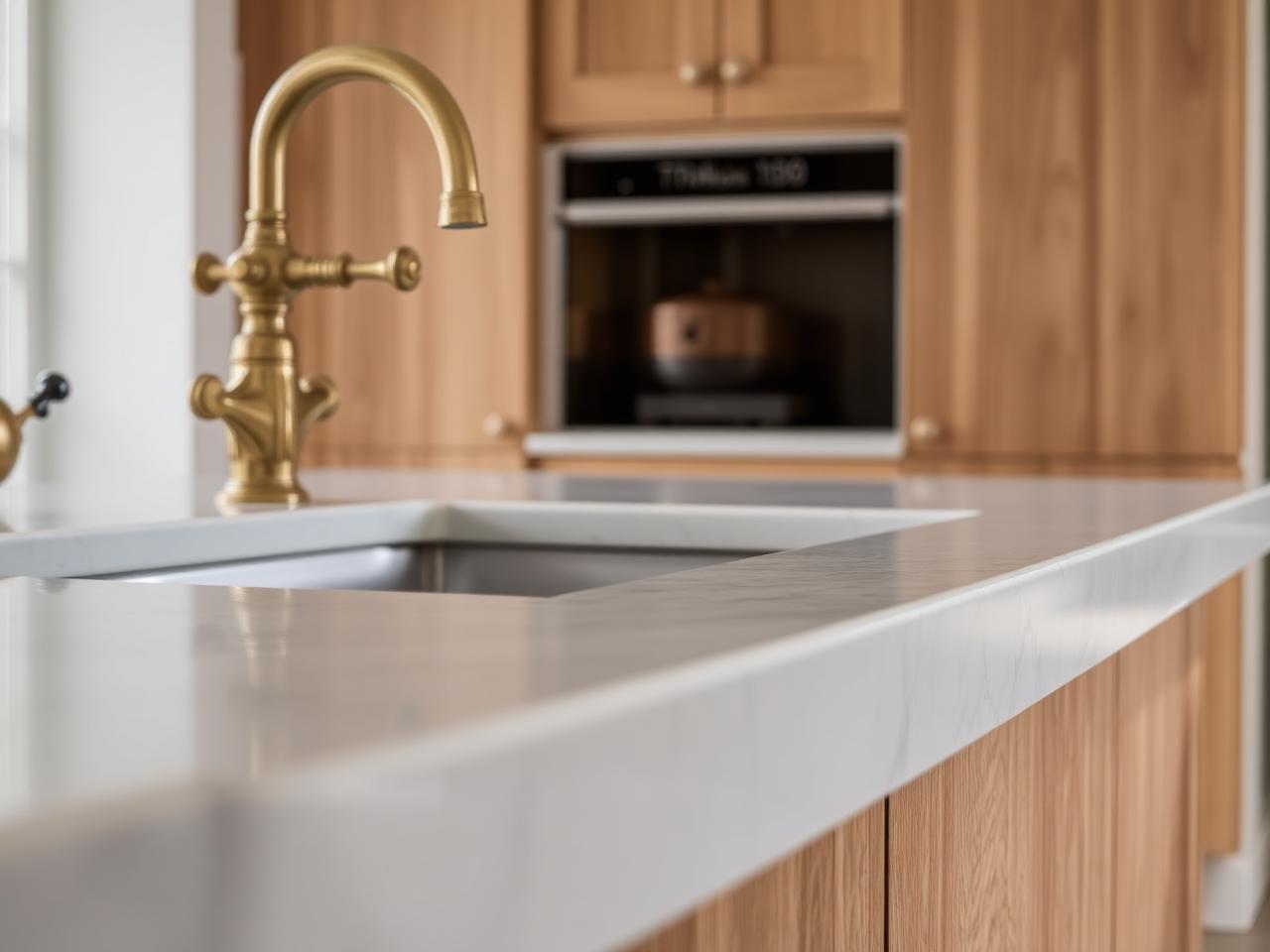 Brushed brass tap on quartz worktop