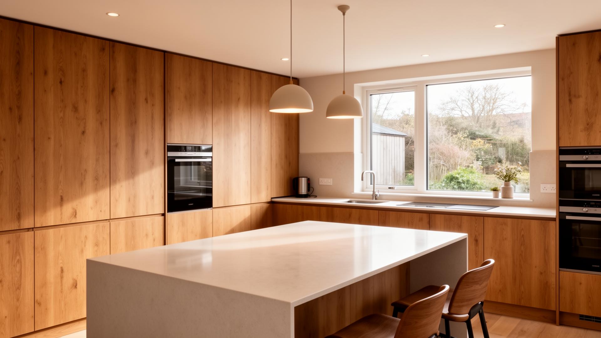 Bespoke fitted kitchen in warm oak, Birmingham